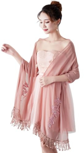 SamHeng Femmes Châle et Écharpe en Tulle pour Robes de Soirée, Élégant Fleur Brodée Strass Châle de Mariage Franges Pashmina Etole pour Mariée Demoiselles d'honneur Costume de Fête