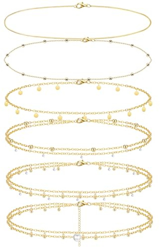 LOLIAS 6 Pièces Plaqué Or 14K Chaînes de Taille Chaînes de Corps pour Femmes Couches Bikini Chaînes de Ventre pour la Taille Été Plage Strass Perles Mauvais Yeux Doré Bijoux de Corps Réglables