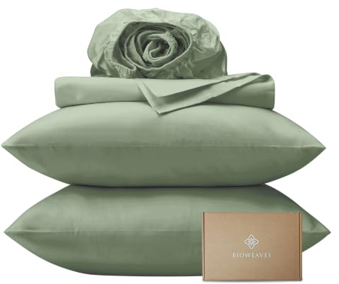 BIOWEAVES 100% Organic Cotton Sheets, 300 Thread Count 4-Piece GOTS Certified Bed Sheet Set Fits Mattress Upto 17 Deep Pocket, Soft & Silky Sateen Weave (King, Basil)