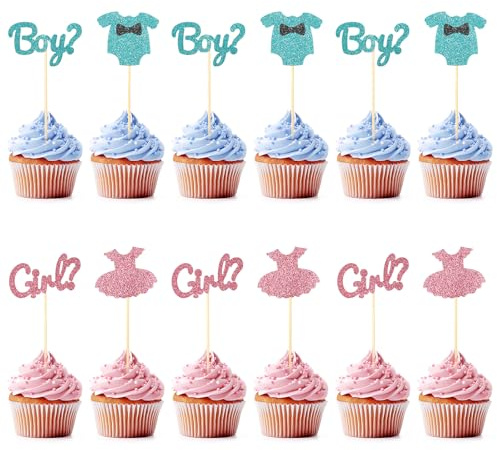 AHQiZFX 12 stycken cupcake-topper, kön reveal cupcake-topper, pojke eller flicka, tårtdekoration, babyparty, blå rosa glitter cupcake-topp, baby shower, tårta dekoration, för dop barns födelsedag