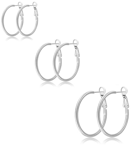 PABBEU Silver Hoops Earrings for Women 316L Stainless Steel Large 25-70MM | Lightweight Hypoallergenic Big Thin Silver Hoops Earrings Set,Nickel Lead-Free,Trendy Jewelry Gift,25/30/40/50/60/70mm