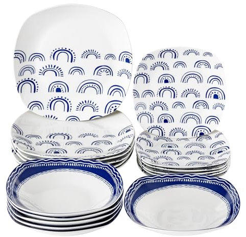 Baroni Home Servicio de Platos de 18 Piezas de Porcelana y Gres, Servido de Mesa Colorida para 6 Personas, Plato Hondo, Llano, de Fruta o Postre, Arcos Azules