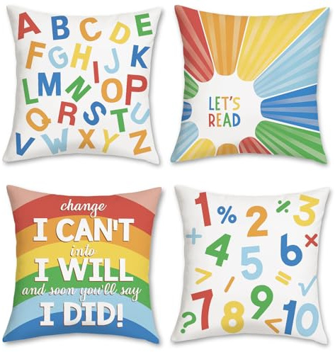 Bonhause Educational Kids Cushion Covers 45 x 45 cm Alphabet Inspirational Quote Colorful Soft Velvet Decorative Throw Pillow Covers for Sofa Couch Bed Home Decor Set of 4