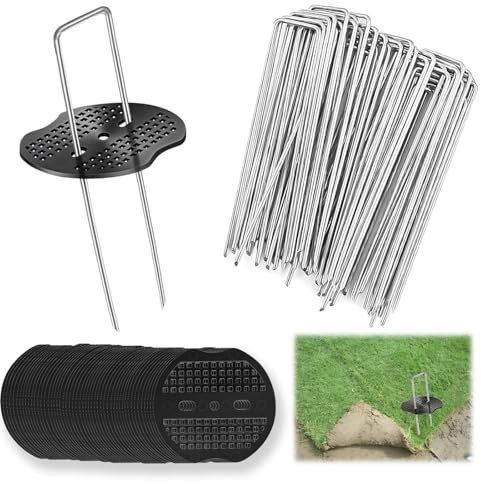 50 Grapas de Jardín con 50 Arandelas,Estacas de Jardin,Clavos Cesped Artificial,Grapas Malla Antihierbas,Grapas para Malla de Jardin,150x40 mm Ø 3 mm,para Césped Artificial, Valla y Red Clavos Camping