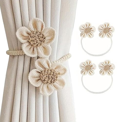 Hshenjhu 2 Piezas Alzapaños de Cortina, Flores Abrazaderas Cortinas, Alzapaños de Algodón Tejidos a Mano, Lazos para Curtains Boho, Sujeta Cortinas Modernas, para Decoración del Hogar, Beige