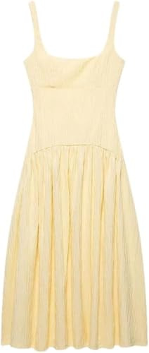 UHKOIXDFGQA Open Back Textured Midi Dress Square Neck Straps Sleeveless Casual Summer Skirt for Women Elegant Slim Fit Outfit(Large)