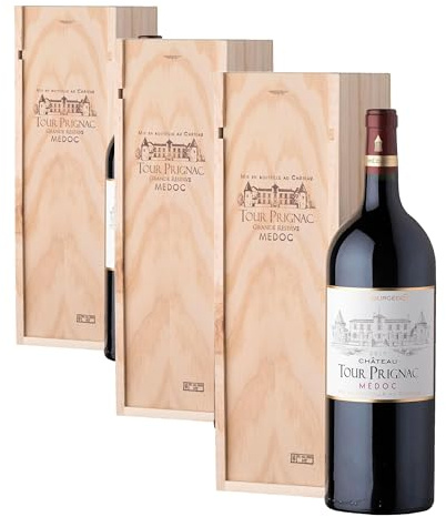 Coffret Cadeau Caisse Bois - MAGNUM Château Tour Prignac - AOP Medoc - Cru Bourgeois - Vin Rouge - 1,5 L (Lot de 3)
