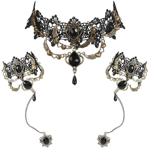 VerLuky 3 Pulseras y Collares Tipo Gargantilla Gótica,Accesorios de Joyería Gótica para Mujer,Pulsera de Encaje de Vampiro para Halloween Carnaval y Brujas