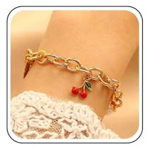 Cybche Pulsera vintage con colgante de cereza roja, pulsera de cadena de eslabones gruesos dorados, cadena de perlas de hoja, cadena de mano, pulseras de frutas dulces, tobillera, joyería de muñeca