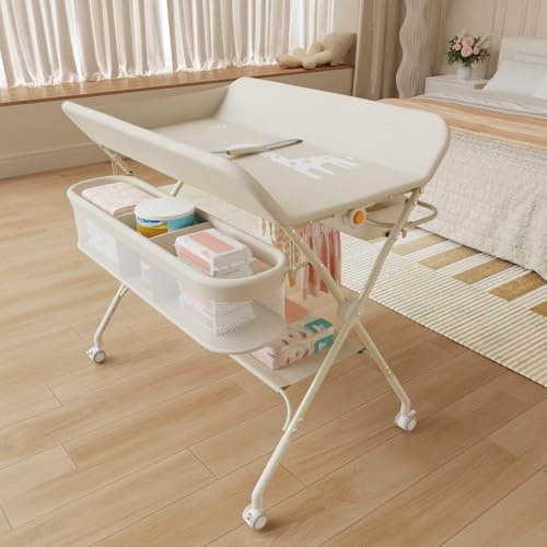 OHMG Table à Langer,Pliable,83-91cm,5 Réglable en Hauteur,Organiseur de Couches,roulettes 360° avec Frein,Harnais et Barrière de Sécurité,Rangement Panier Latéral et Tringle de Suspension