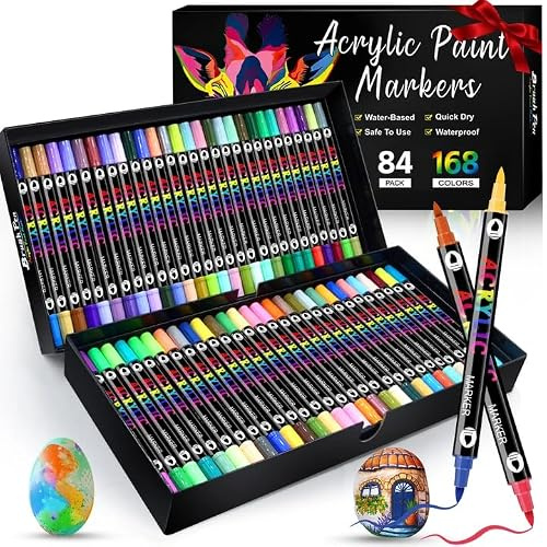 168 Couleurs Feutres Acrylique Coloriage Adulte, Feutre Peinture Acrylique | Séchage Rapide & Anti-Taches, Non Toxiques & Sans Odeur, Pour Pierre/Bois/Verre/Tissu | Artistes & Bricoleurs
