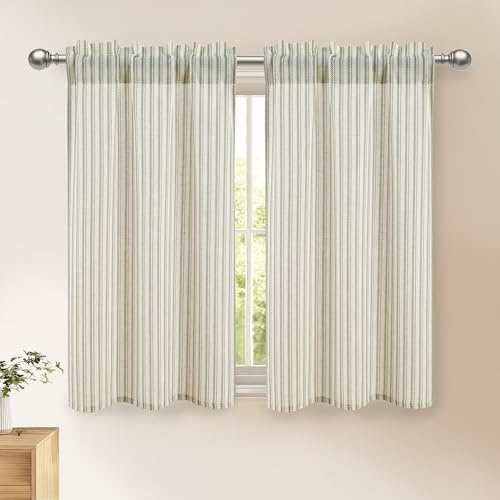 DWCN Kitchen Curtains 45 Inch Drop, Short Cafe Curtain Tiers, Cupboard Curtain, Rod Pocket Small Window Curtains, W26 x L45, Green Stripes, 2 Panels