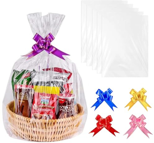5 Pezzi Fogli Cellophane Trasparente Per Confezioni, 5 Fiocchi, 75×100 cm Cellophane, Carta Cesti Trasparente,per Cesti Regalo,per Regali, Cesti Regalo, Fiori, Artigianato, Dolcetti, Matrimoni