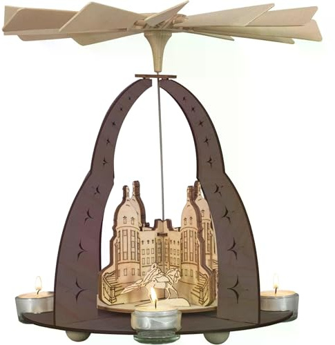 Rudolphs Schatzkiste Pyramid Pyramid Three Hazelnuts for Aschenbrödel with Moritzburg Castle - for 4 Tea Lights Height x Diameter 32.5 x 30 cm Christmas Pyramid Cinderella Moritzburg Fairy Tale Wood