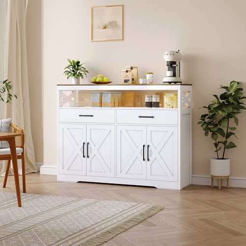 BestAlice Köksskåp, skänk med 3 lådor och 2 dörrar, förvaringsskåp, bufféskåp med dörrar, lantlig stil, köksbuffé köksö för vardagsrum, kök, hall (vit, 140 x 40 x 105 cm)