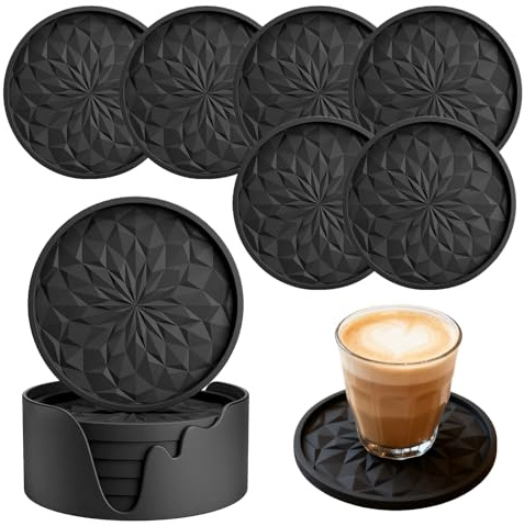 6 posavasos de silicona redonda + 1 base negra para vasos vasos de bebidas