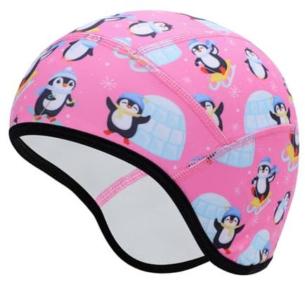 Risipu Children's Helmet Hat Warm Winter Hat Lining for Bicycle Helmet Ski Skull Cap with Ear Protection Elastic Hat for Boys Girls (UK, Alpha, One Size, Pink - Penguin)