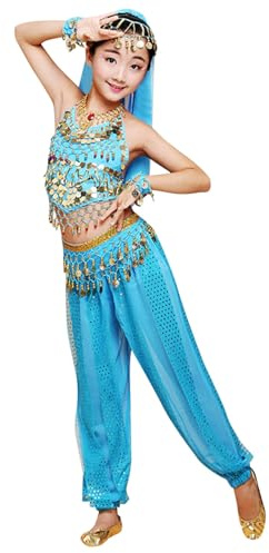 Ragazze Belly Dance Indianodel Costume Ballo InsiemiCarnevale Orientale Ragazzedanze del Ventre Vestiti Bambin Gonna Frange Ragazze Costume Jasmine Bambina (5-Sky Blue, 11-12 Years)