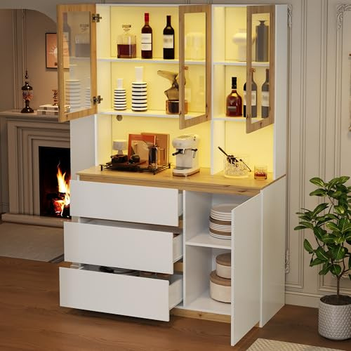 Kebnor Armario alto con iluminación LED – 120 × 200 cm con encimera extendida, mueble de pie multifuncional blanco y roble – vitrina de cristal, armario alto de cocina y estantería
