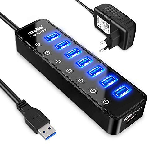 Atolla Hub USB 3.0 7 Ports Multi Hub USB Alimenté avec Interrupteur Indépendant et 5V/4A 20W Adaptateur Alimentation