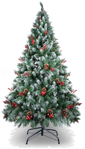 AGM Árbol de Navidad Artificial, árbol de Navidad Verde Abeto, 720 Puntas, Agujas de Pino mezcladas | Bayas Rojas | Bisagras | Base de Metal, Material de PVC, decoración del hogar Boutique 180cm