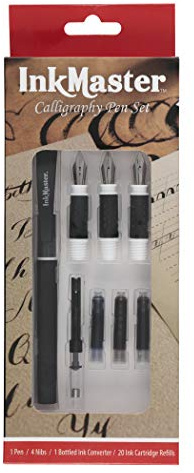 Ink Master Calligraphy Set Fountain Pens 4 Different Size Nibs and 20 Assorted Ink Cartridges Plus One Bottled Converter - Complete Easy Learning Kit for Beginners