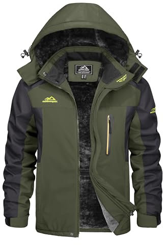 KEFITEVD Herren Winterjacke Warm Fleece Winter Jacke Thermojacke Softshell Jacke mit Kapuze Skijacke Snowboarden Wandern Männer Funktionsjacke Dunkeloliv L