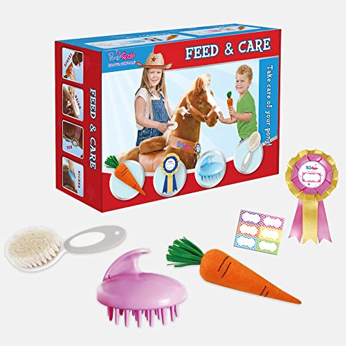 PonyCycle Licorne Poney Jouets Toilettage Kit, Nourriture & Soins, 5 pcs Set. Brosse Pansage, Pet Brosse, Carotte, Sticker, Étiquette de Nom. Cadeau Parfait pour Enfants - Convient au Modèle U & K.
