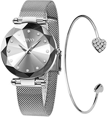 CIVO Damen Uhr Wasserdicht Minimalistisch Sternen Armband Elegant Beiläufig Quarzuhr für Damen Silber
