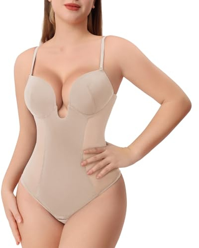 Slimers Perizoma Shapewear per Le Donne Controllo della Pancia Schiena Bassa U Immersione Backless Body Shaper Reggiseno Faja con Body Aperto Cavallo, Beige, Medium