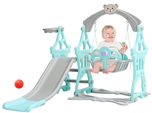 FUKEA Kids Slide, Large Toddler Swing and Slide Set with Storytelling Machine, Basketball Hoop Garden Climbing Frames, 4-in-1 Garden Slide for Toddlers Age 1-3 Indoor & Outdoor(Light Green)