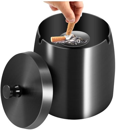 Royouzi Ashtray, Posacenere Ashtray with Lid, Stainless Steel Ashtray for Outdoors, Storm Ashtray as Wind Ashtray, Standing Ashtray with Non-Slip Base for Outdoor and Indoor Use (Black)
