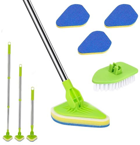 Aobuviou Long Handled Scrubbing Brush - Telescopic Bathroom Tile Cleaner with 3 Sponge and 1 Hard Brush for Bath Wall Glass