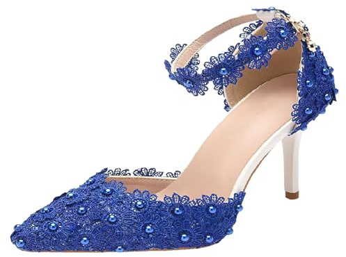 Jamron Donna Elegante Tacco a Spillo Décolleté a Punta con Cinturino alla Caviglia Pizzo Perle Scarpe da Sposa Blu SN0703212-1 EU37