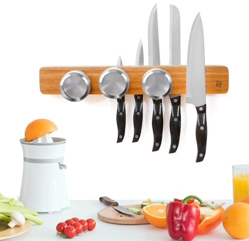 2-in-1 Magnetleiste Messer-Messerhalter magnetisch Akazienholz-inkl. 3 Gewürzdosen 41cm Länge, 7cm Schlitzbreite-Magnethalter Messer für Wand-Messer Magnetleiste-Alternative zum Messerblock magnetisch