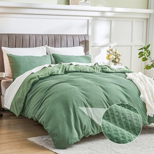 Simple&Opulence Copripiumino in cotone, set di biancheria da letto in cialda, copripiumino in seersucker con 2 federe, qualità alberghiera di lusso, chiusura a bottoni，200 * 200cm, Verde Foresta