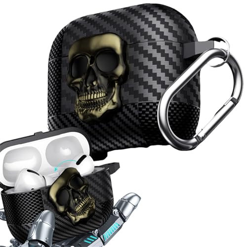 Ysnzaq skalle design fodral för Airpods 4, KLT grön | Roterbar 3D meatl skull, metallkarbinhake nyckelring, med LED-ljus, robust skyddshölje, trådlös laddning