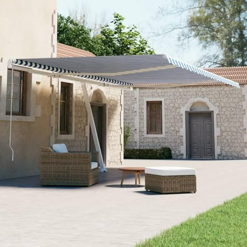IKAYAA Toldo Motorizado 600 x 300 cm con Base, Toldo Eléctrico y Manual Retráctil, Toldo Articulado Eléctrico con Mando a Distancia, Toldo Brazo Extensible para Terraza, Jardín, Azul y Blanco