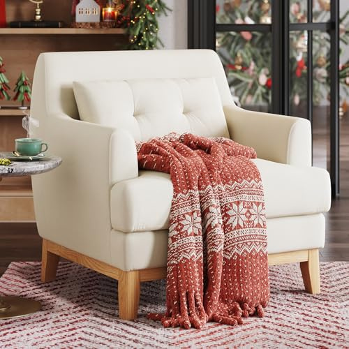 LINSY Accent Chair, Large Reading Chair with Rubberwood Base, Mid Century Modern Armchair with Lumbar Pillow, Cozy Single Sofa Chair for Living Room Bedroom Office Study, Velvet Arm Chair, Beige