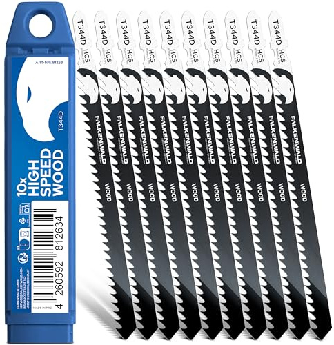 FALKENWALD® Stichsägeblätter Holz 10x T344D – High Speed Wood - Extra lang (152 mm) für tiefe Schnitte bis 100 mm - T-Schaft, HCS, 6 TPI - Für Weichholz, Hartholz, MDF, OSB, Laminat