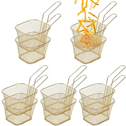 CHIHEUNG 10PCS Chip Baskets, Mini Frying Basket with Handle, Small Food Frying Baskets, Gold Chip Pan Basket, Chip Serving Frying Baskets for French Fries, Onion Rings, Fried Chicken, Fish, Vegetables