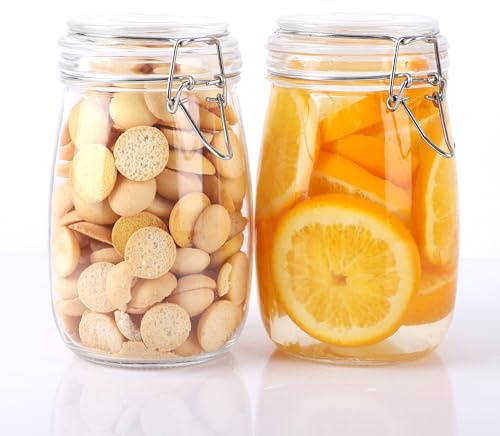Glass Jars With Airtight Lid 32 Oz Wide Mouth Glass Containers With Lids 2 Pack Airtight Food Grade Storage Canisters With Clasp For Flour, Coffee, Sugar, pickle, Beans, Candy, Nuts, Rice, Pasta