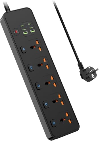 Grenuttag universellt flera uttag med individuellt omkopplingsbar, 5 universella uttag med USB, max 3250 W, 2 m förlängningskabel med överbelastningsskydd kompatibel med EU US UK AU CN JP-kontakt
