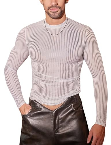 Hybursky Men's Sheer Tops Long Sleeve Mesh Top See Through Crew Neck Y2K Going Outfits Striped Pattern Shirts Blouses Sexy Basic T-Shirt for Party Clubwear Festival Disco Nightwear, White