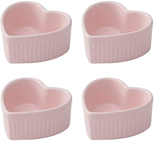 UAUWBRZ Dessert Bowl 4 oz Ramekins Set of 4 Ceramic Heart Shaped Molds for Baking Cakes Jams Souffle Creme Brulee-Blue(Pink)