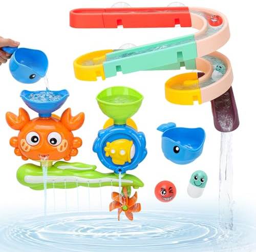 Badewannenspielzeug,16 STK Kugelbahn Badespielzeug, DIY Murmelbahn Badewannen Spielzeug mit Saugnäpfe, Krabben-Drehung Badespielzeug für Kinder, Lernspielzeug Geschenk für Baby Geburtstag