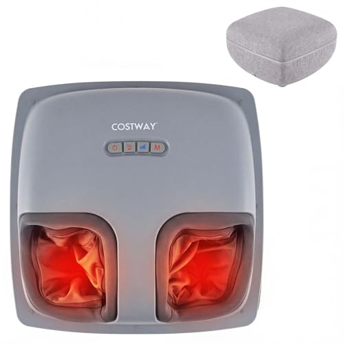 COSTWAY Shiatsu fotmassageapparat med värmefunktion, djupknådning och luftkompression, 2-i-1 fotvärmare sittpall med timer och dammskydd, knådmassageapparat för trötta muskler och fotsulor