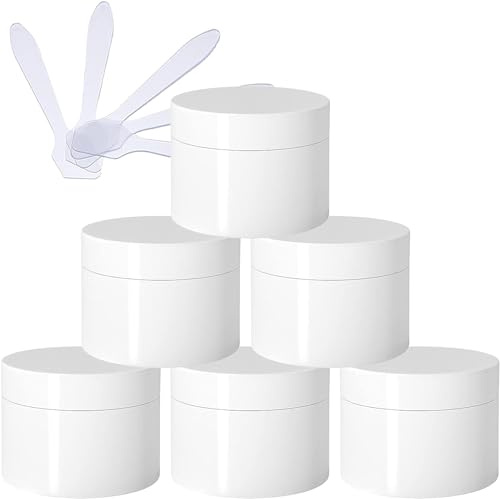 kosmetikburk, Förpackning om 6, tomma tjocka glansiga vita 50 ml kosmetiska plastburkar med skruvlock, innerfoder, provflaskor Travel + 6X spatlar