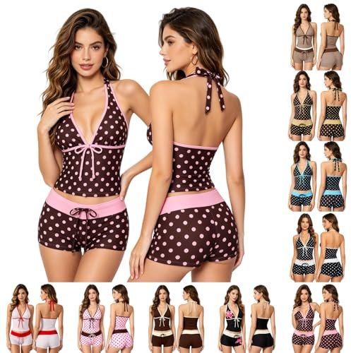 Bañador Tankini para Mujer Bañador de Dos Piezas con Cuello en V Y2K Tankini Dos Piezas Lunares Cuello Halter Playa Vacaciones Adecuado para Vacaciones Animado Y Encantador