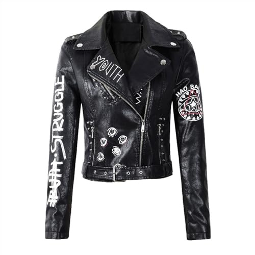 Otoño Mujeres Faux Soft Cuero Chaquetas Abrigos Lady Remache Cremallera Imprimir Motocicleta Streetwear (Color : Black, Size : Large)